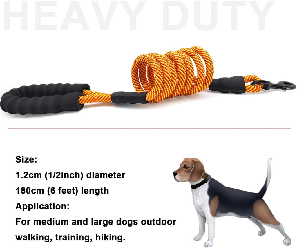 Heavy Duty Rope Dog Leash, 6 FT Nylon Pet Leash, Soft Padded Handle Thick Lead Leashes for Large Medium Dogs (Orange, 1/2" X 6Ft)