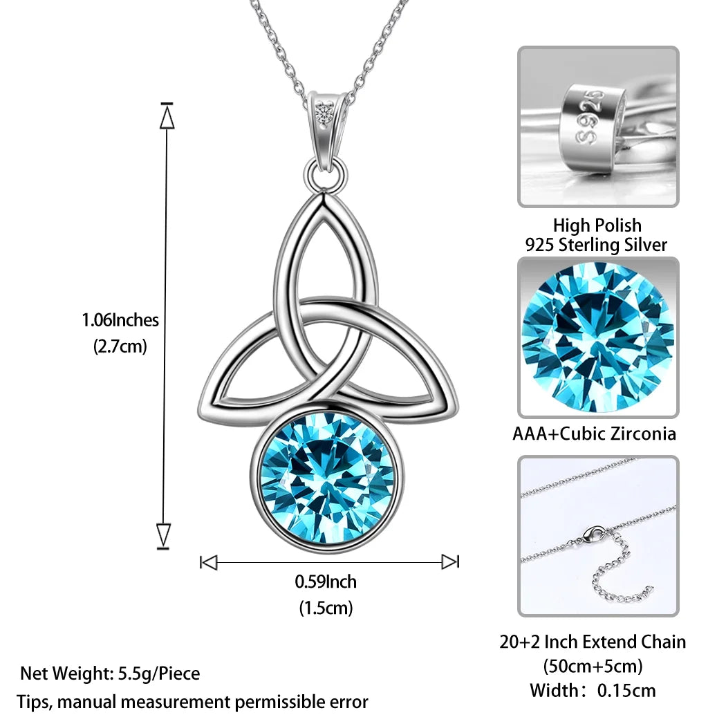 925 Sterling Silver Celtic Knot Necklace for Women March Birthstone Aquamarine Blue Gemstone Trinity Triquetra Irish Pendant Jewelry Birthday Gift