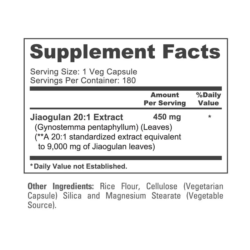 Jiaogulan 9000Mg 180 Veggie Caps (20:1 Extract, Vegetarian, Non-Gmo, Gluten-Free), Dietary Supplement for Adult Health & Wellness