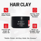 Hair Clay for Men – Matte Finish | Medium Hold, Adds Volume & Texture | Clean Ingredients, Non-Greasy & Easy to Wash Out | Barber-Grade Men’S Styling Clay | Made in the USA – 2Oz