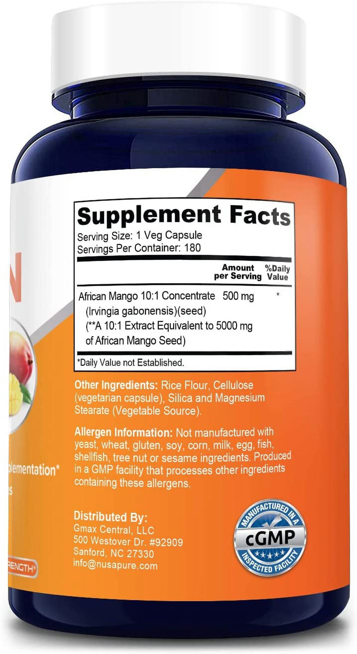 African Mango Extract: 5,000 Mg Veggie Caps, 180 Capsules, Non-Gmo & Gluten-Free, Dietary Supplement for Unisex Adult Health & Wellness