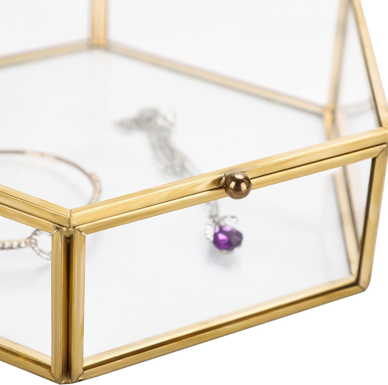 Glass Vintage Jewelry Box - Golden Geometric Jewelry Display Organizer Keepsake Box Case Home Decorative Box for Storage Trinket Ring Earring Chest (X-Large)