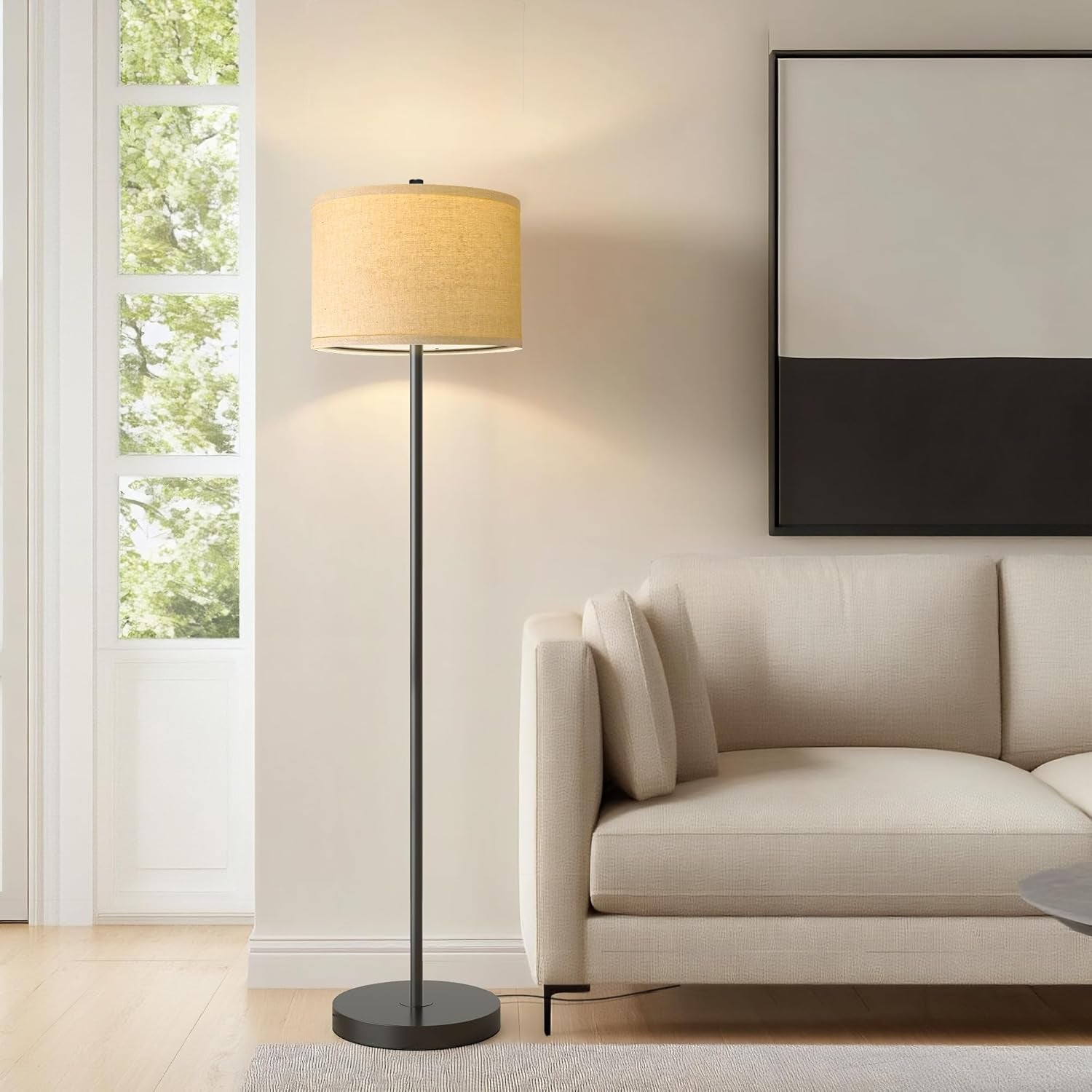 61" Farmhouse Industrial Floor Lamp for Living Room Standing Floor Lamp Rustic Floor Lamps for Living Room Bedroom Tall Lamps with Rotary Switch for Bedroom with Natural Linen Lamp Shade