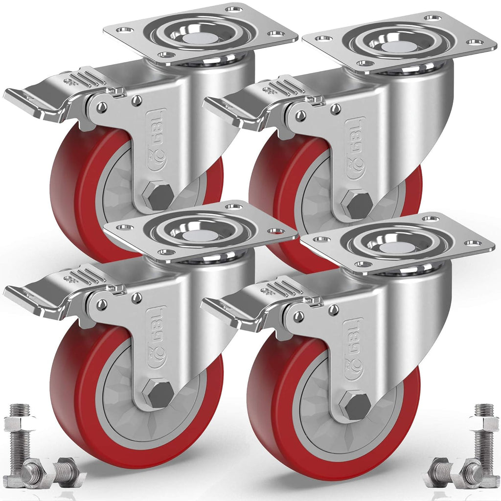 4" Heavy Duty Caster Wheels with Brakes + Screws - up to 1320Lbs - Set of 4 No Floor Marks Silent Industrial Castor for Furniture - Rubbered Trolley or Pallet Swivel Wheels - Black Casters