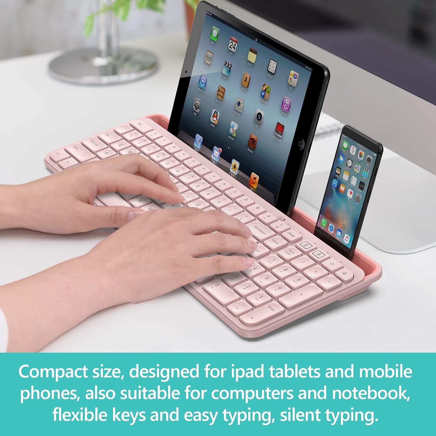 Bluetooth Wireless Keyboard,Bluetooth Keyboard for Ipad Wireless Keyboard with Phone Holder and Mouse Pad,Tablet Keyboard USB Keyboard for Smatphone,Tablets,Pc, Computer, Laptop, Mac(Pink)