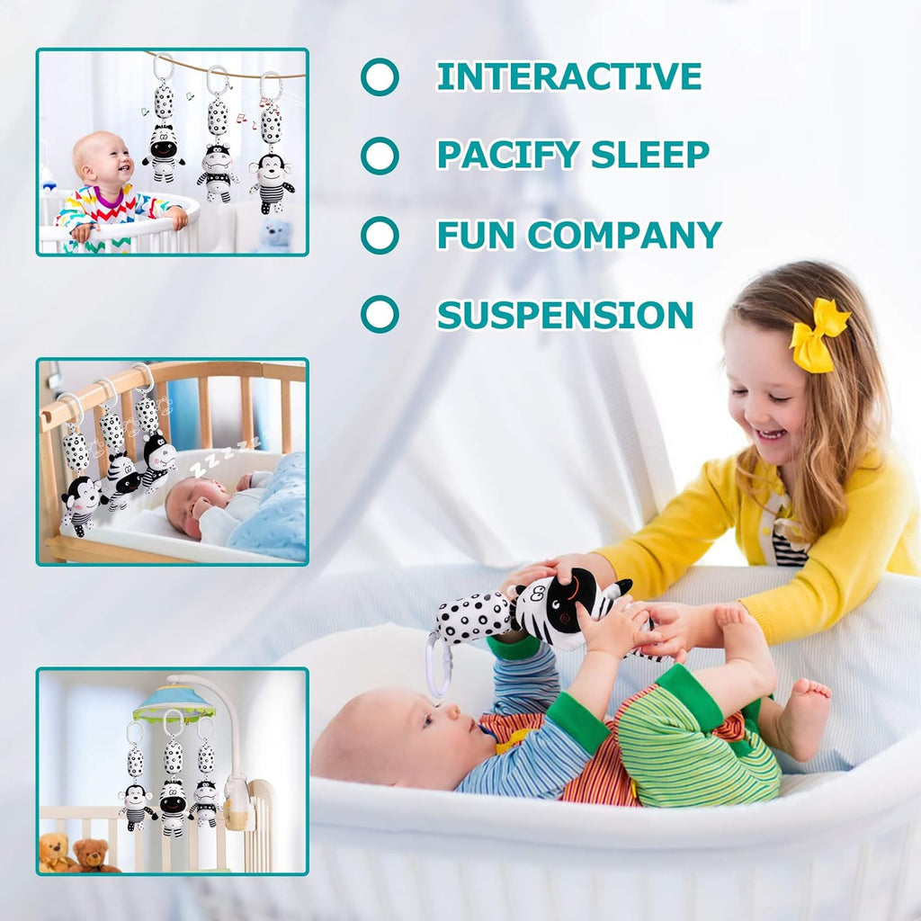Baby Toy Cartoon Animal Stuffed Hanging Rattle Toys, Baby Bed Crib Car Seat Travel Stroller Soft Plush Toys with Wind Chimes, Best Birthday Gift for Newborn 0-18 Month (Monkey, Zebra & Hippo)