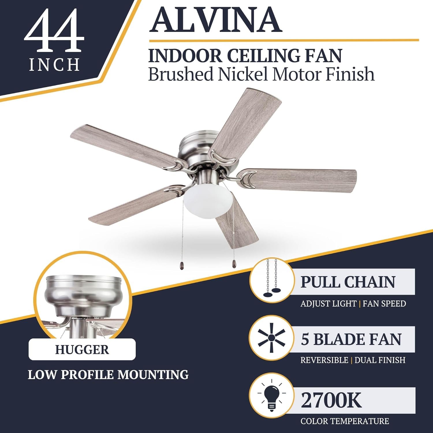 Alvina Traditional 44 Inch Ceiling Fan with Light, LED Flush Mount Ceiling Fan, Indoor Fan with 5 Blades, Gray Oak and Brown Walnut Blade Finish Options, Satin Nickel (51585-01)